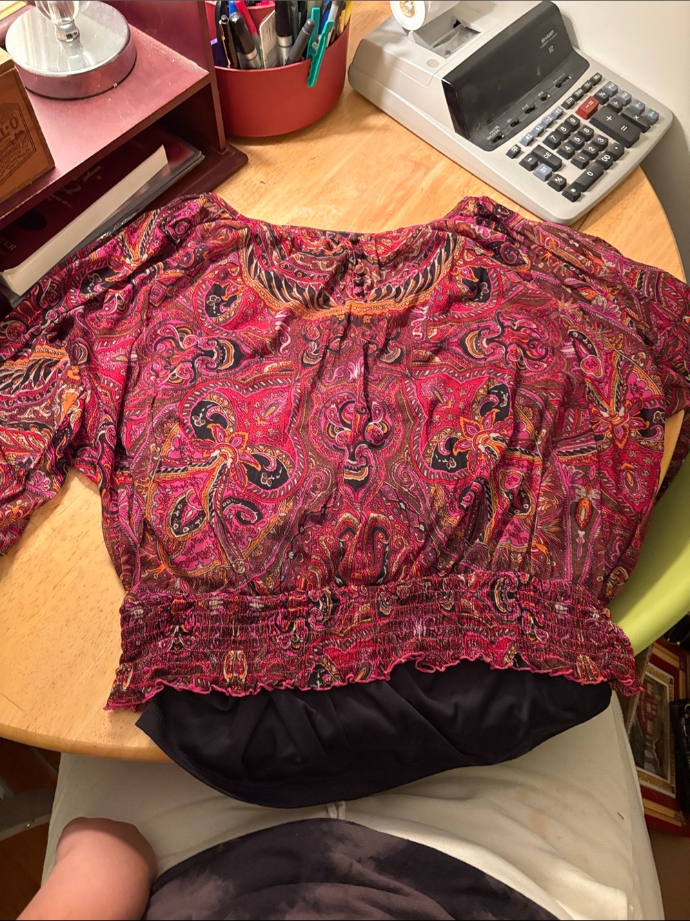 INC International Concepts Burgundy and Black Paisley Smocked Waist Top